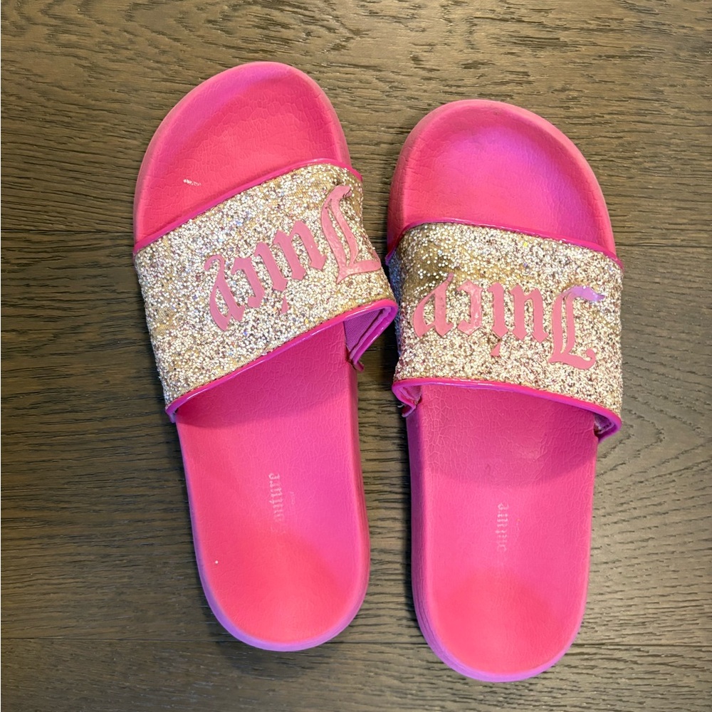 Juicy couture pink girls sparkly flip flops sz 4Y GUC ret $78